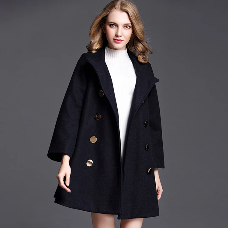 Lightly cooked style loose stand-up collar nine-point sleeves diagonal pockets double-breasted A-line skirt cloak woolen jacket