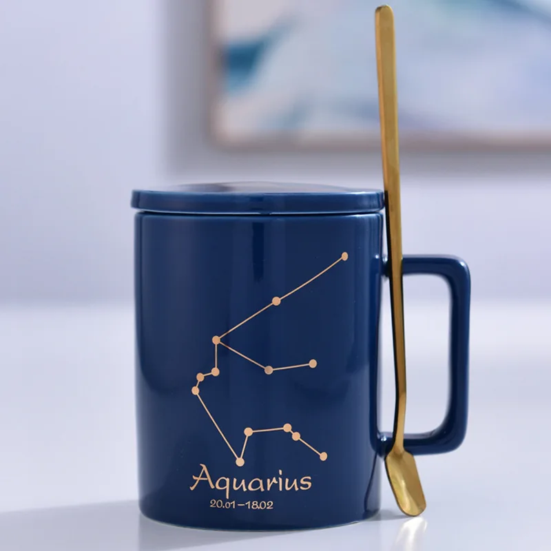 Promotion horoscope gold plated customized straight shape constellation ceramic mug with gold handle with lid