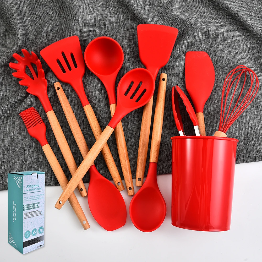 Wooden handle color silicone kitchen utensils and appliances 12 pieces set kitchen tools shovel spoon set