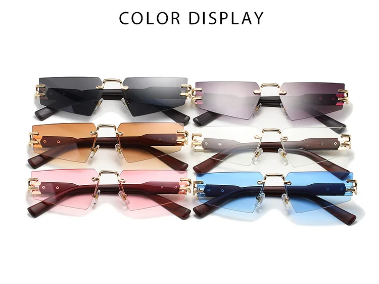High quality Polygonal retro wood grain durable metal hinge silicone nose pad fashion UV400 frameless sunglasses for men women
