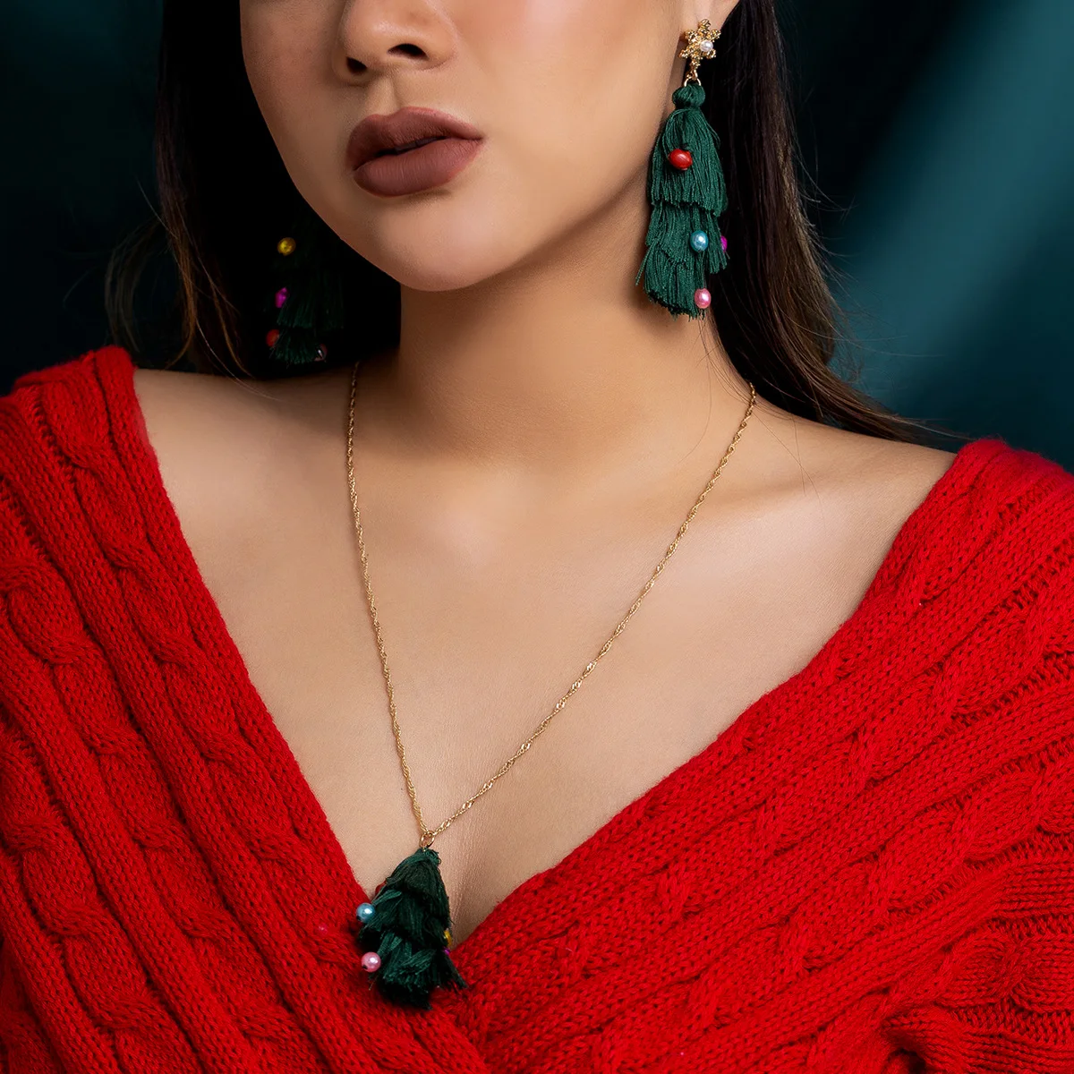 Fashion Christmas Tree Pendant Necklace Earrings Set Women Festival Day Party Fine Jewelry Girl Christmas Decoration Gift Set