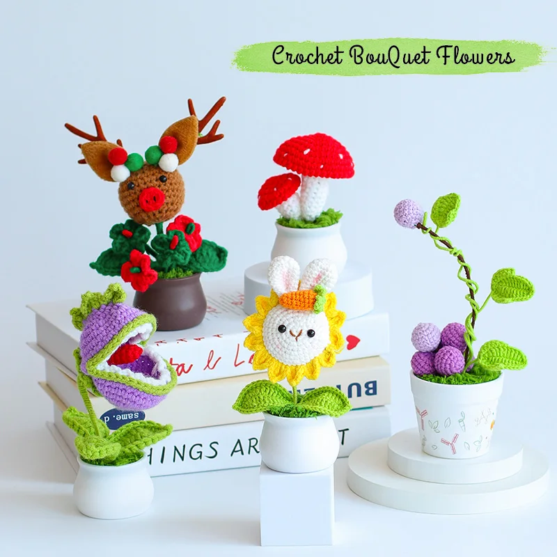 New Cotton Hand Crocheted Plants With Flower Pot Artificial Style Handmade Crochet Flower Pot