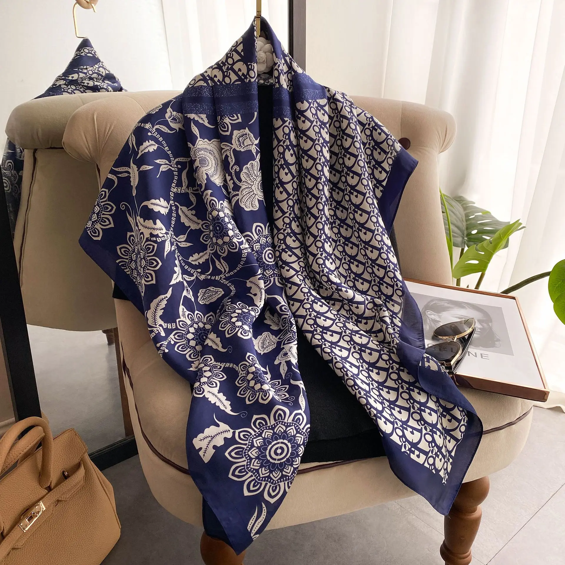 Wholesale 110cm Luxury Silk Modal Scarf Scarves Square Vintage Shawl Satin Silk  Head Scarf Custom Printing for women