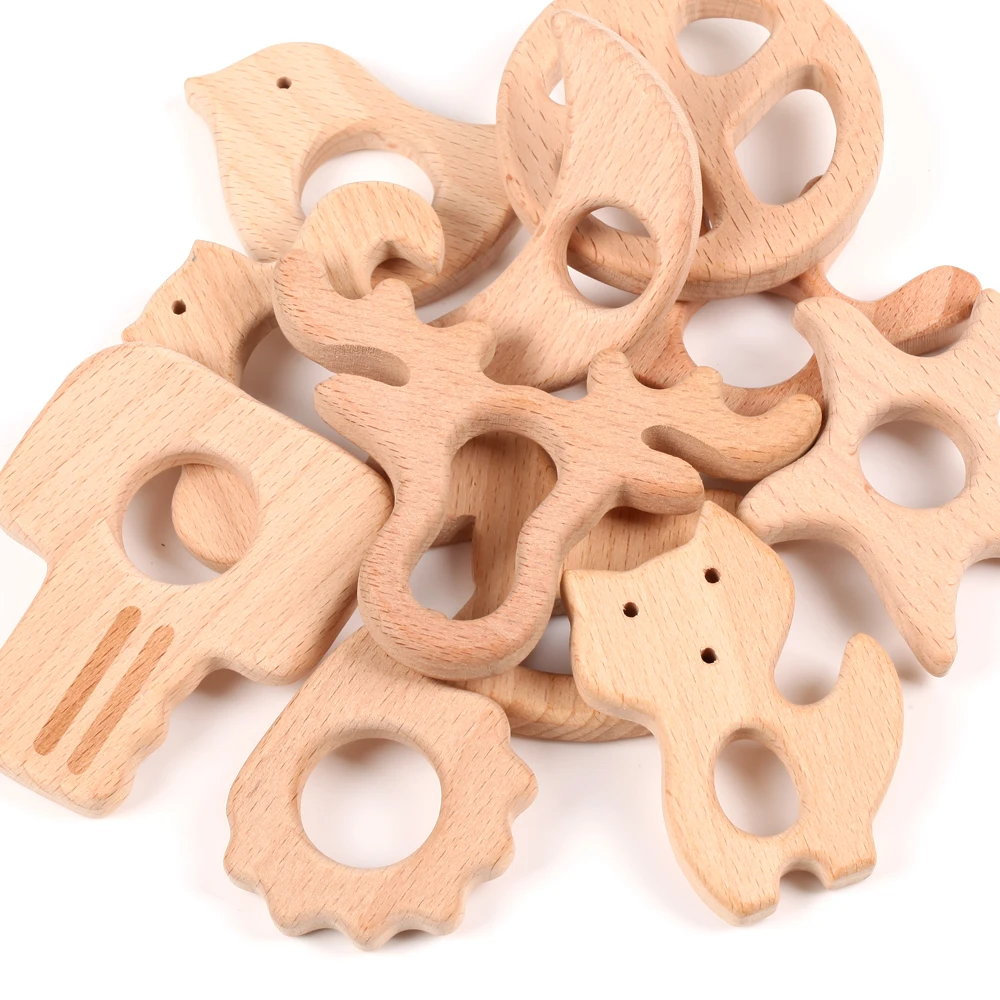 AsVrai U 1/3/10Pcs Wooden  Teething Animal Heart Star Car Steamship Shaped Safe Bite Wood Teether Toys Diy Accessories
