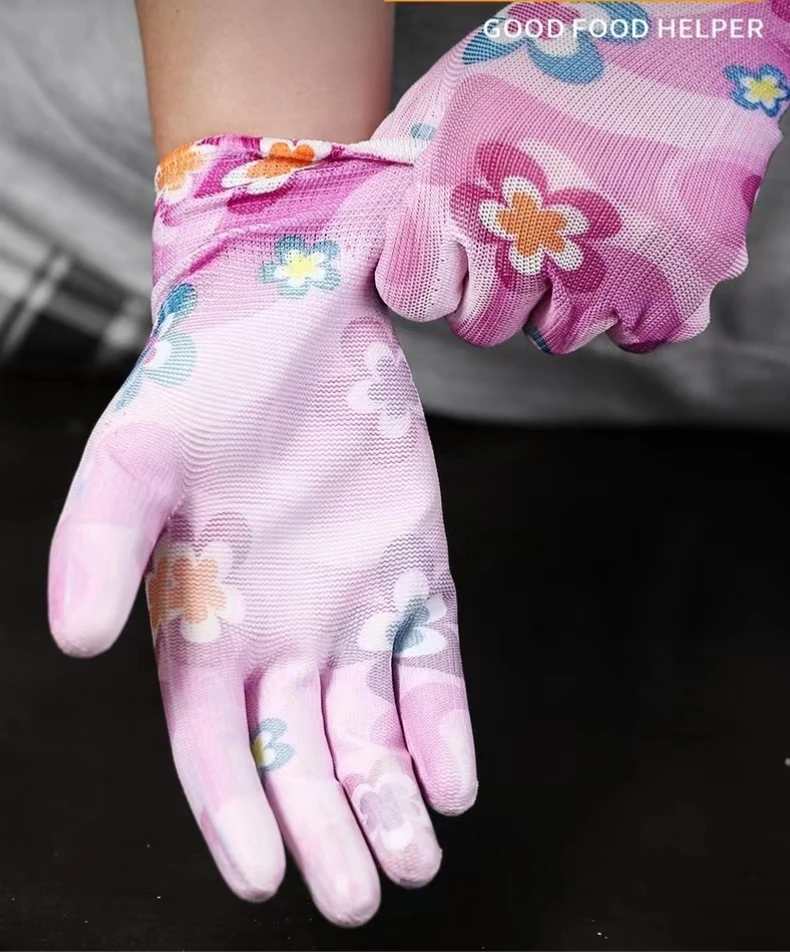 Nylon printed PU coated palm gloves Breathable wear-resistant anti-static protective gloves for women working thin 13 stitches