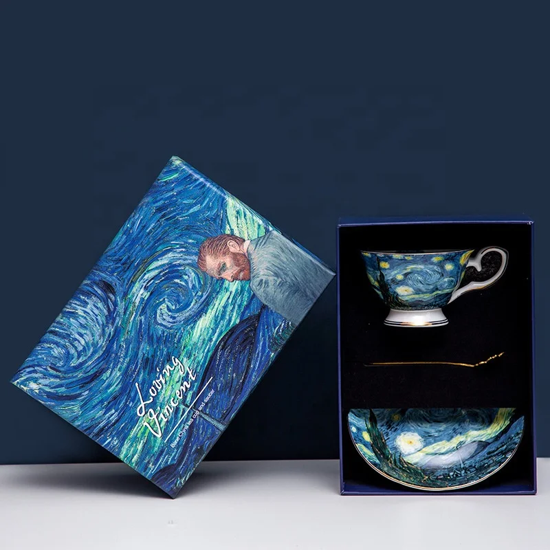 Coffee And Tea Set Bone China Tea Set Oil Painting Style Van Gogh Tea Cups With Delicate Gift Box And Spoon Saucer