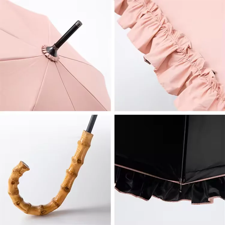 Straight Umbrella Mix Colors UV Trimming Decoration Wood J Shape Handle Rain Gear Black Coat Umbrella