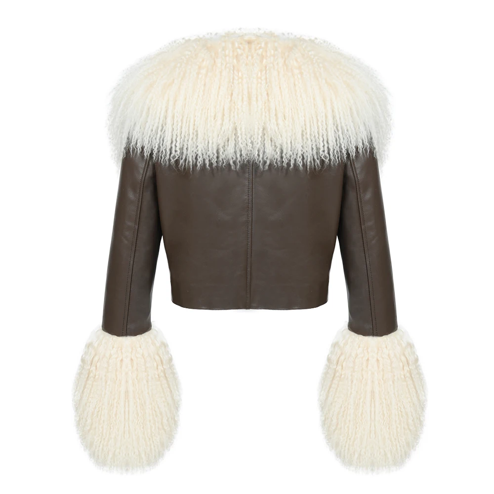 Soft Fall Spring Women Cropped Sheepskin Coat Motorcycle Real Mongolian Lamb Fur Collar Ladies Luxury Genuine Leather Jackets