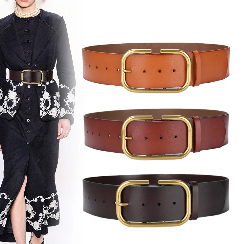 Vintage Wide Leather Belts For Women Big Gold Alloy Pin Buckle Genuine Cowhide Belt