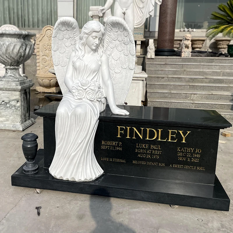 Customized Marble Tombstones Beautiful Sitting Angel Statue Monument For Cemetery