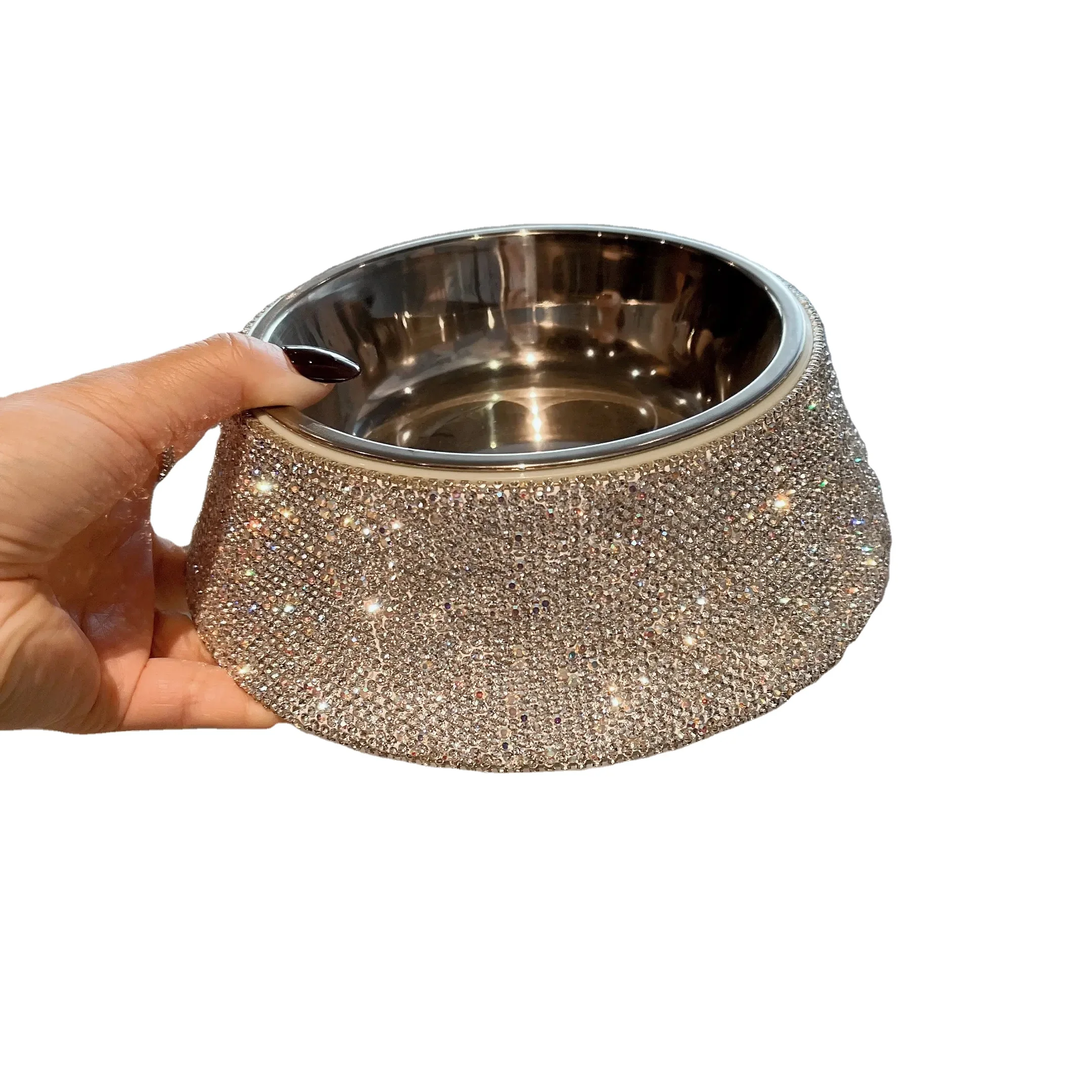 Customized Bling double bowl stainless steel dog food basin large high diamond rhinestone luxury pet bowls