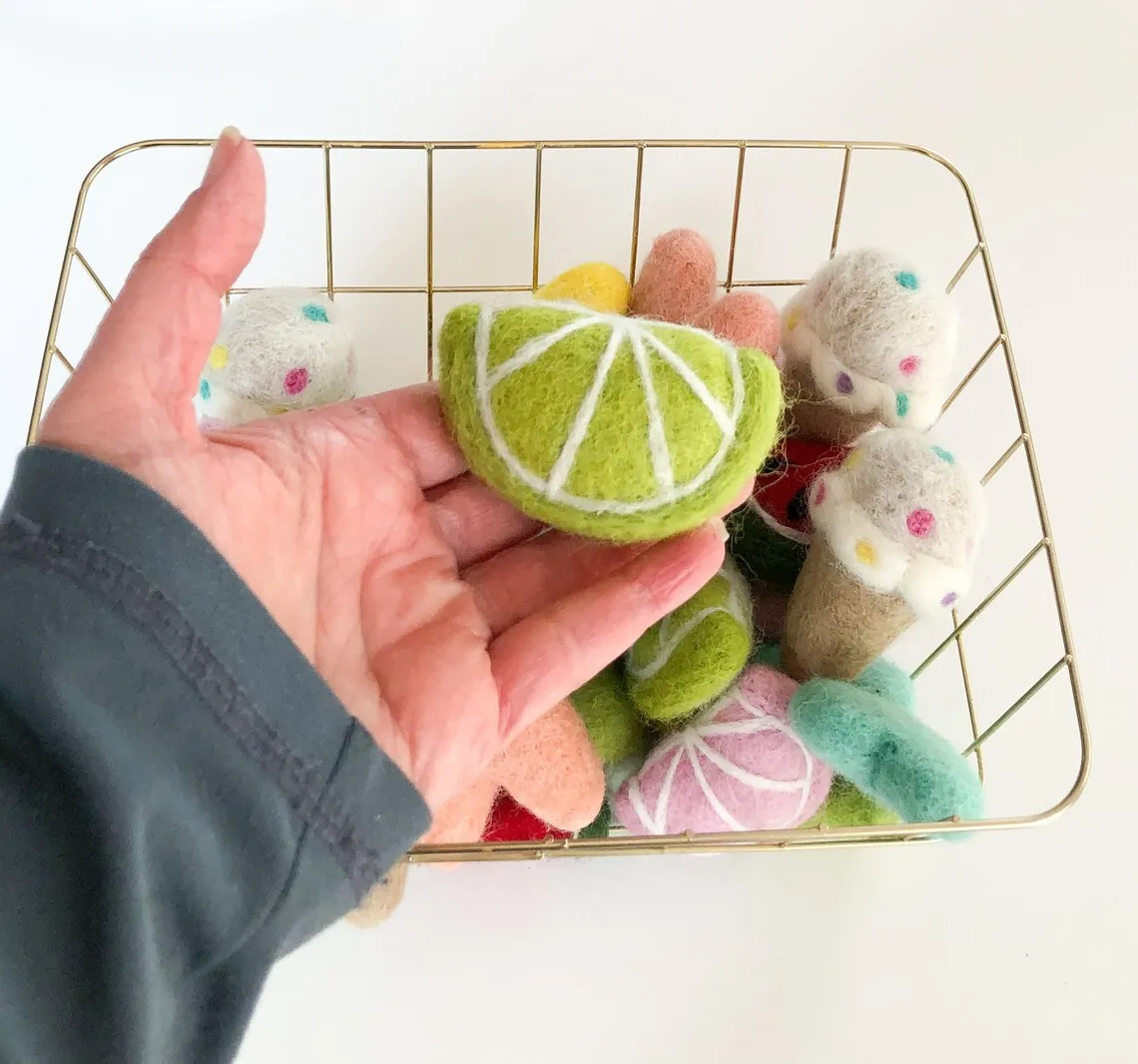handmade 10 summer needle felted fruits wool felt shapes with watermelon lemon for DIY garland baby mobile tier tray decor