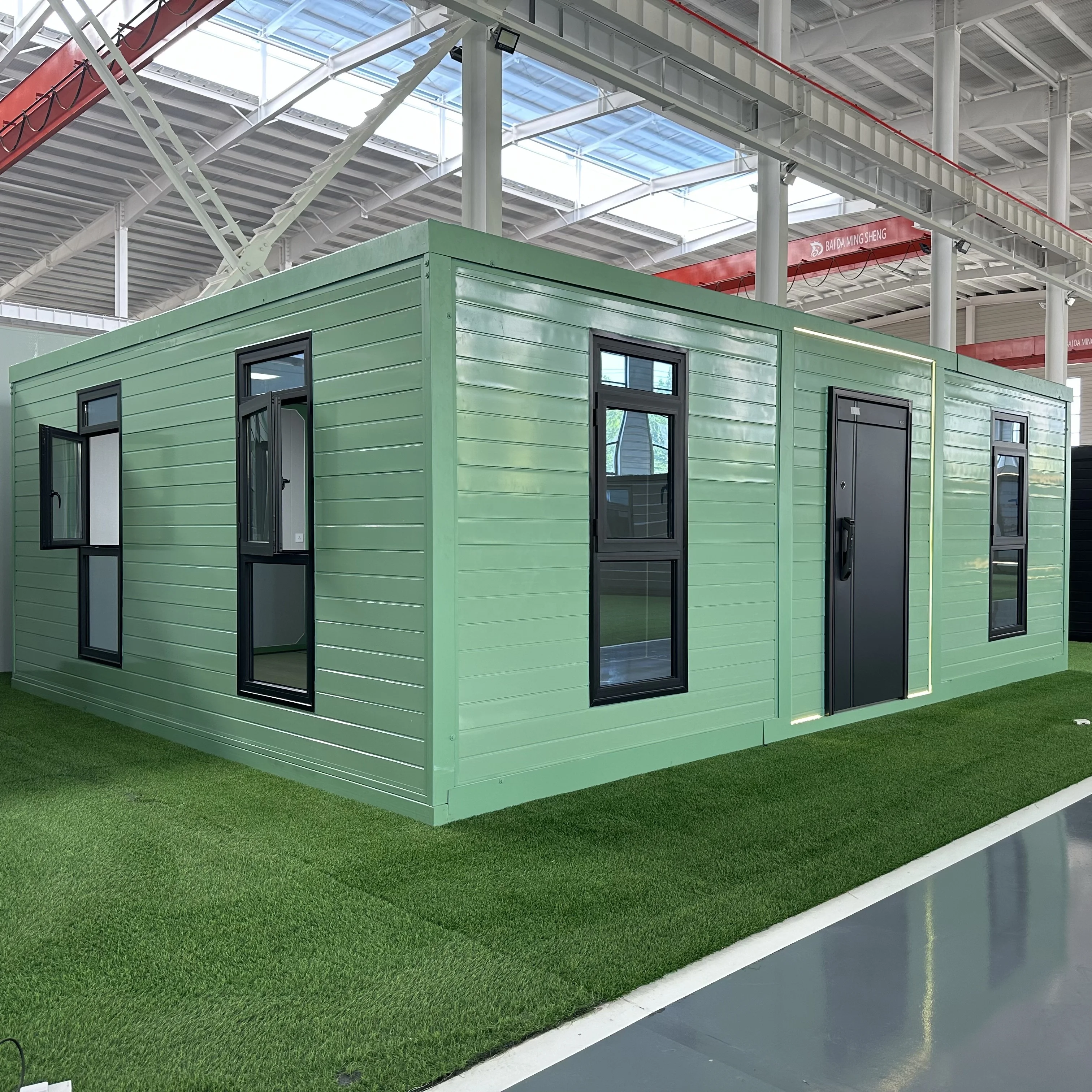 Сборный дом с 2 спальнями, крошечные дома, готовые к отправке, с плоским верхом, расширяемый контейнер, зеленый дом