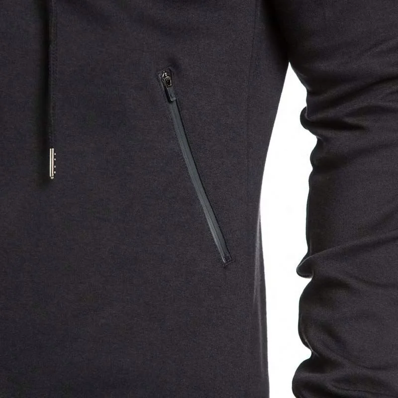 Knee length mens zip up drop tail hoodie with zipper pocket