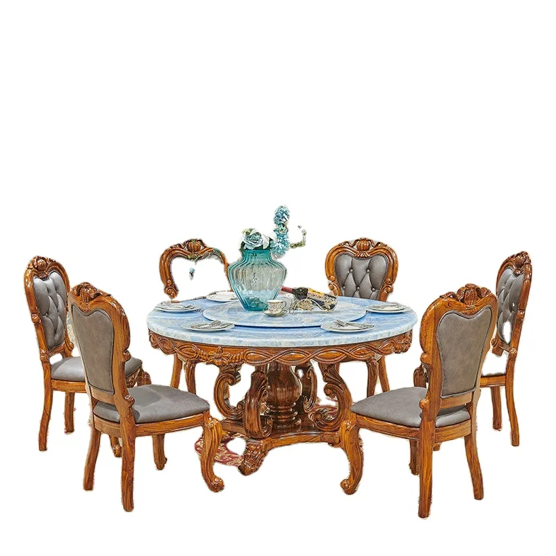 European style round marble dining table and chair set 8 seater solid wood carved dining table with rotating centre baroque