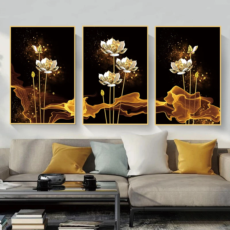 Still Life Posters Lotus Canvas Home Decoration Bedroom Murals Light Luxury Golden Flowers Painting and Plants Print
