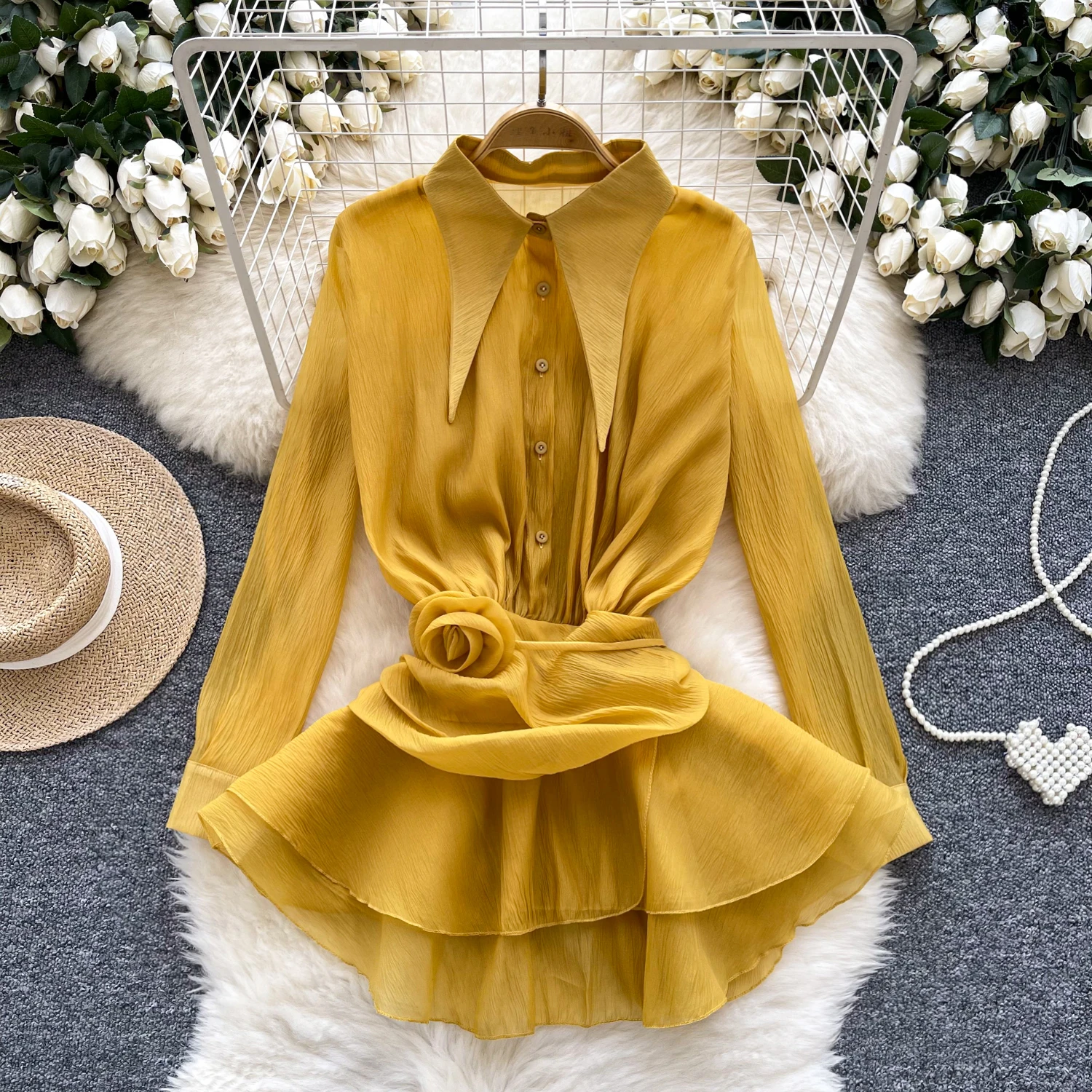 LW0366 Niche Pleated Lotus Swing Patchwork Receiving Waist Lapel Long Sleeve Chiffon Shirt Lady Blouses Elegant Women Ladies