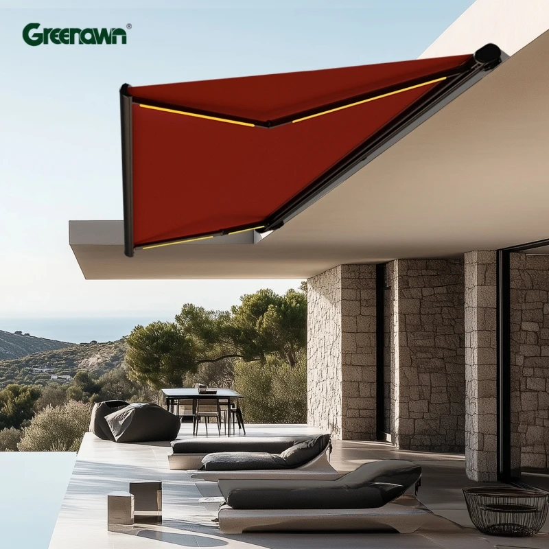 Outdoor window shades retractable awnings home aluminum full cassette awning with LED lighting