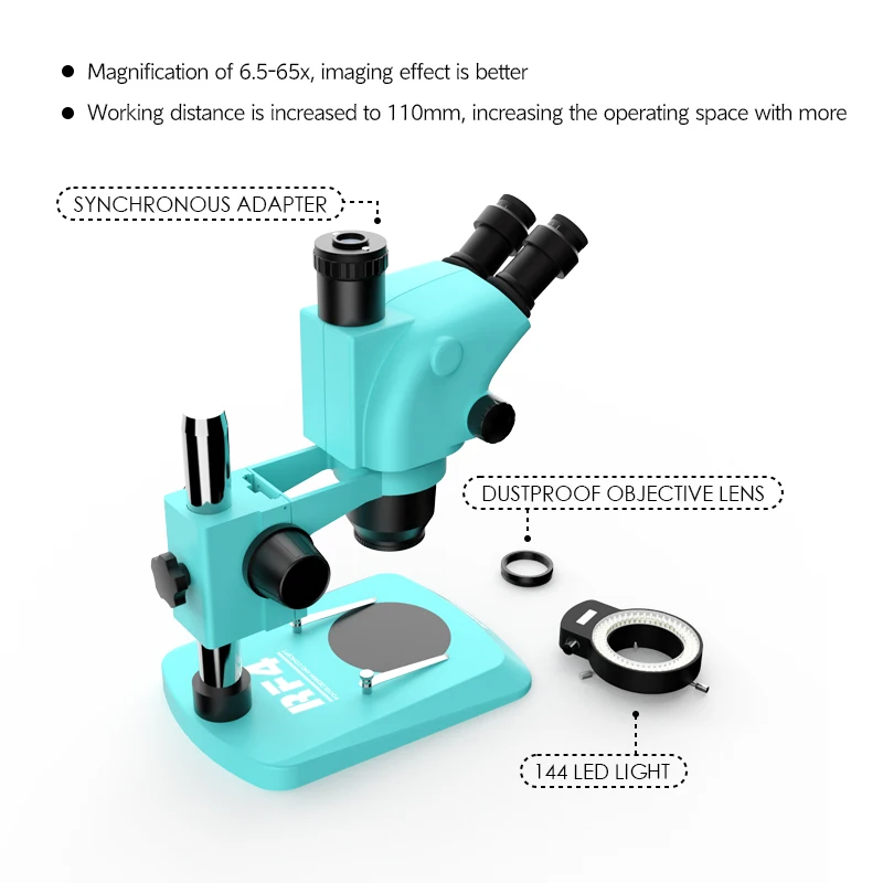 RF4 RF6565TV Electronic HD Microscopes 6.5-65X Continuous Zoom with 144 LED Ring Light HDMI 2K Camera for Phone Repair Tool