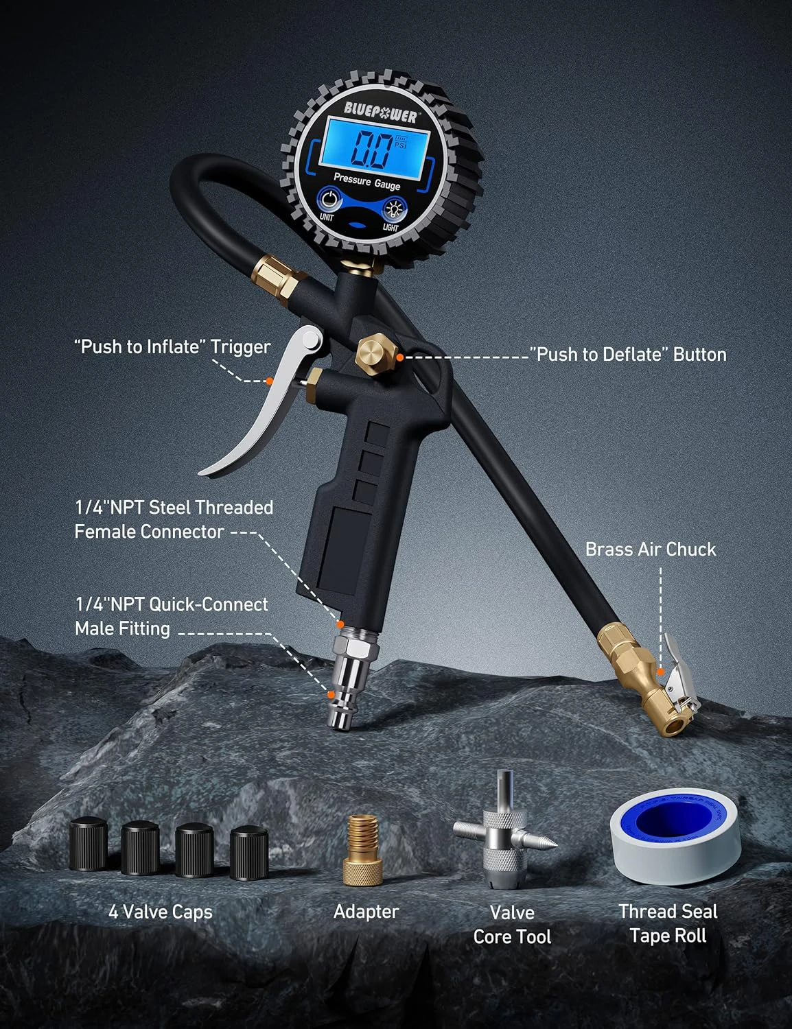 Portable 220 PSI Digital Pressure Gauge with Tire Inflator for Car SUV Truck RV Air Chuck Compressor  with Quick Connect Coupler