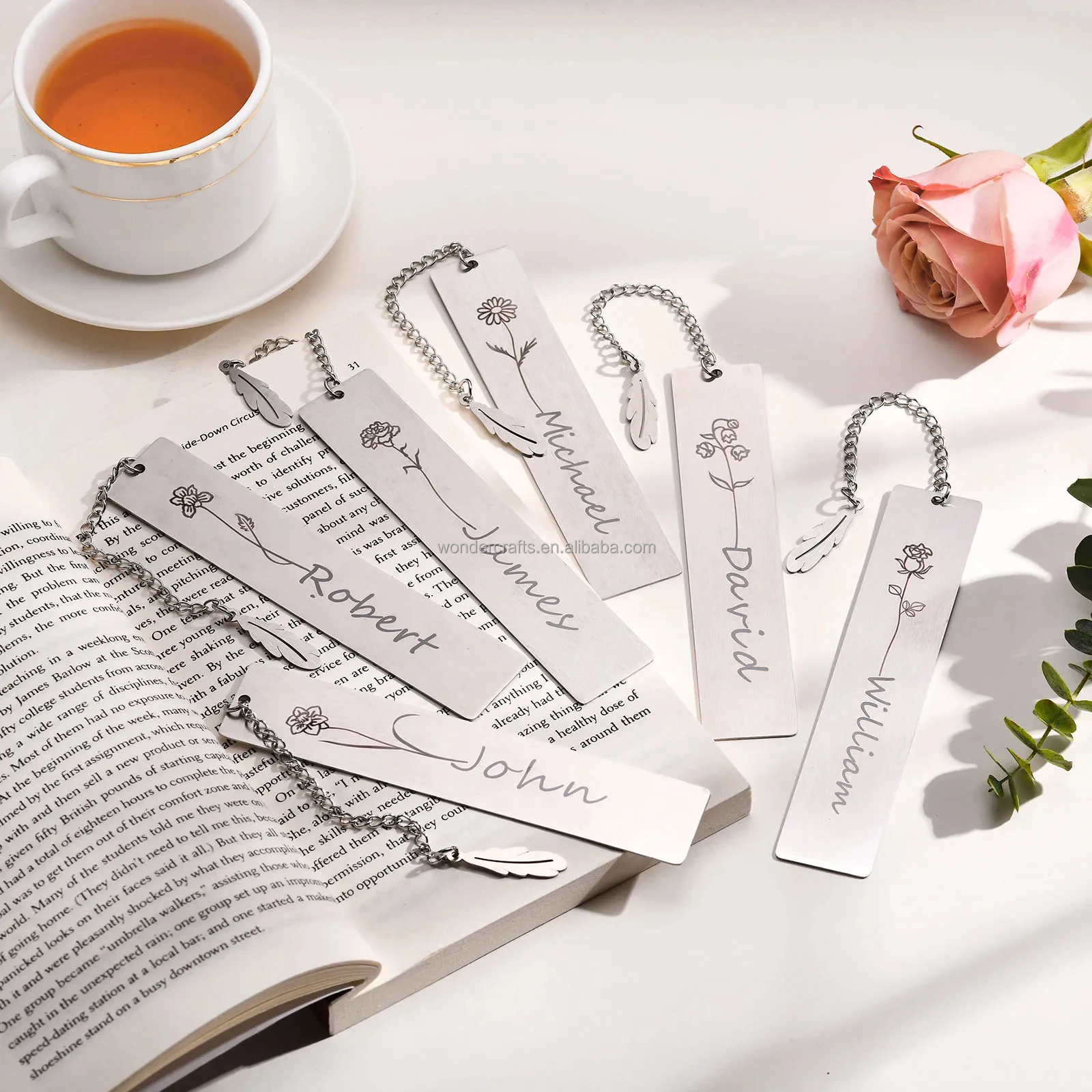 Custom Personalized Name Birthday Gift Flower Design Bookmark Never Fade Stainless Steel Plate Metal Bookmark with Feather Charm