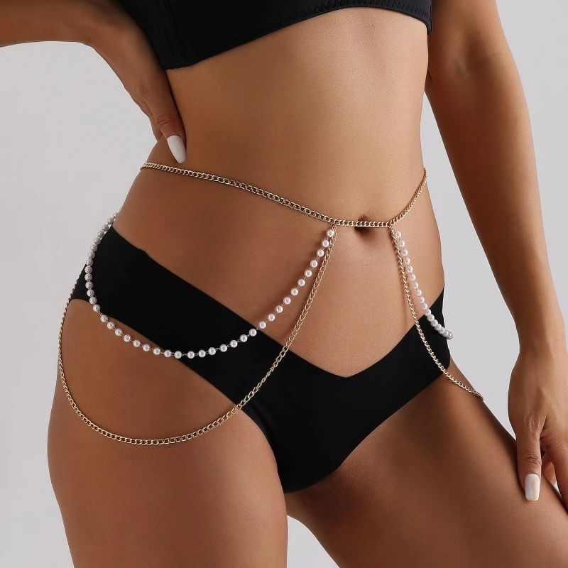Sexy Multi-layer Waist Chain Jewelry Body Chain with Pearl and Rhinestone Stacking Metal Bold & Elegant Belt Chains