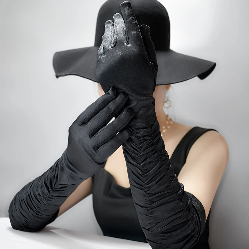 Women Party Gloves Long Sleeve Wrinkled Black White Satin Fabric Lady Fashion Beauty Glove for Party