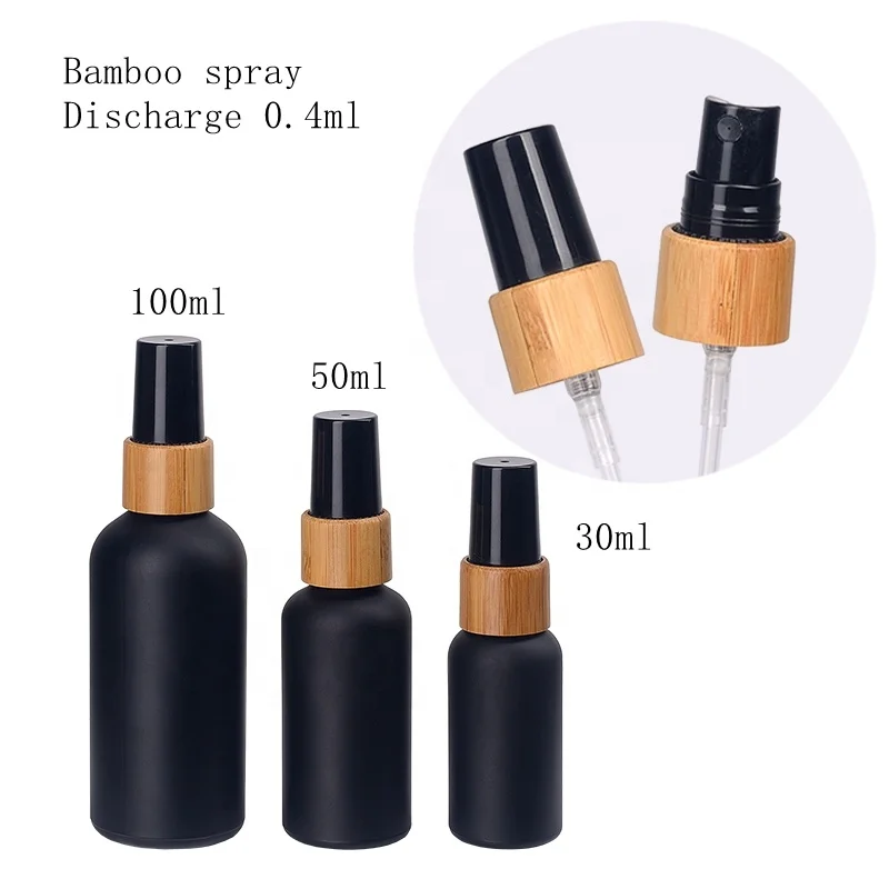 30 ml matte black bottle 1 oz frosted black glass bottle empty cosmetic bottle sprayer with 18/415 bamboo spray pump