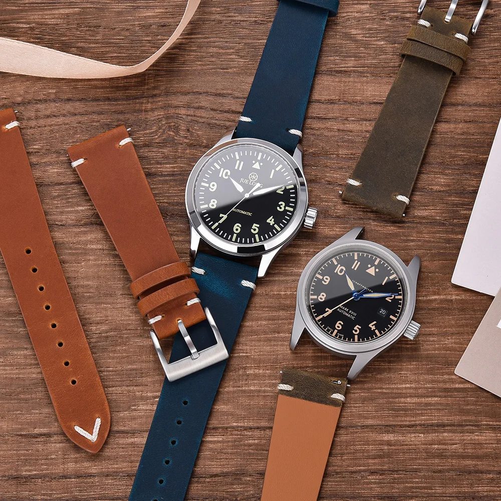 JUELONG Vintage V-Stitch Leather Watch Quick Release Replacement Crazy Horse Leather Watch Strap