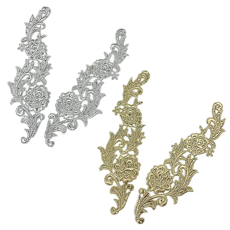Luxury 100% Polyester Gold Silver Embroidery Lace Appliques with Rhinestone Mirror Sustainable Pair Lace for Garment or Dress