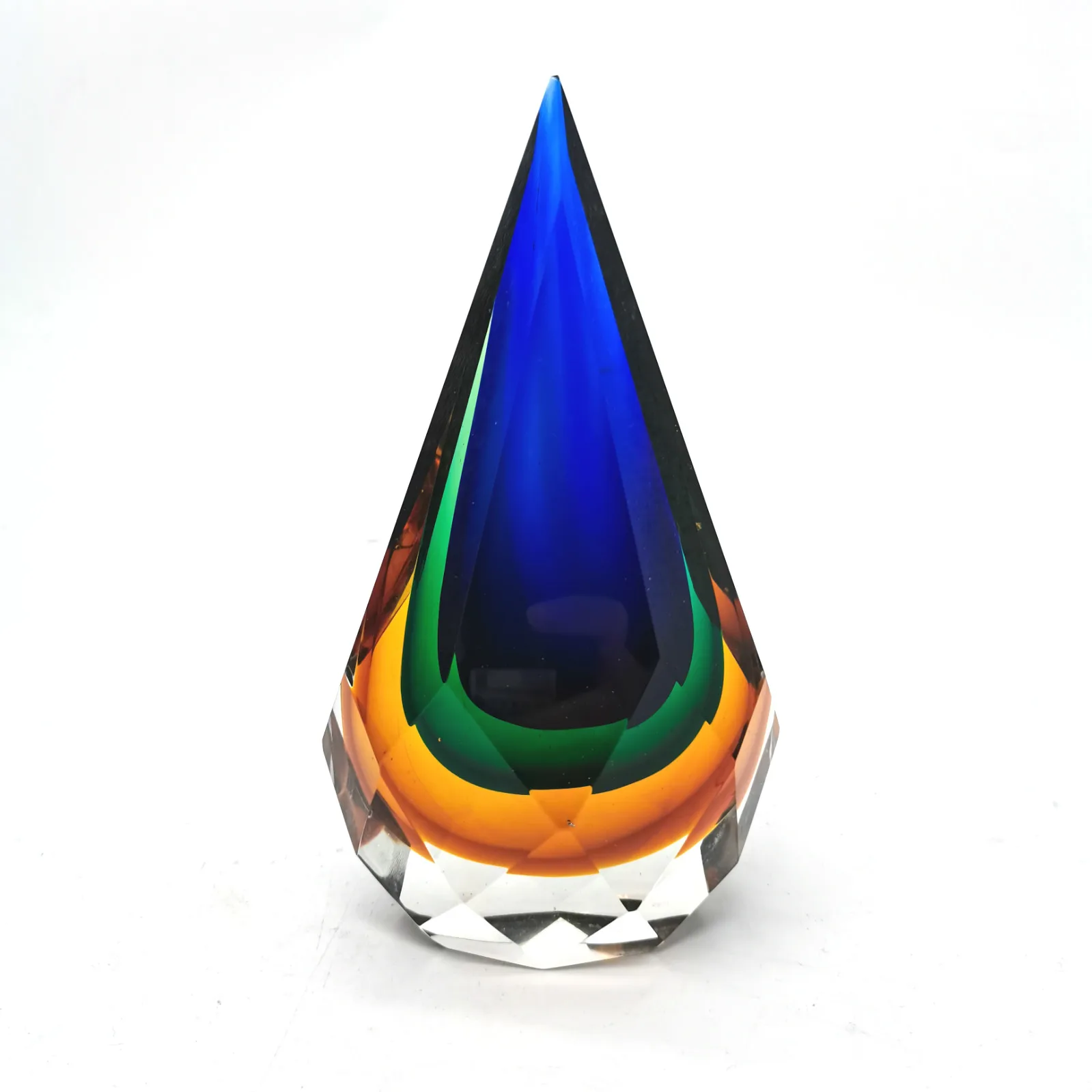 Blue Green Tawny Handmade Hand Cut Crystal Art Glass Water Drop Shaped Ornaments for Decoration