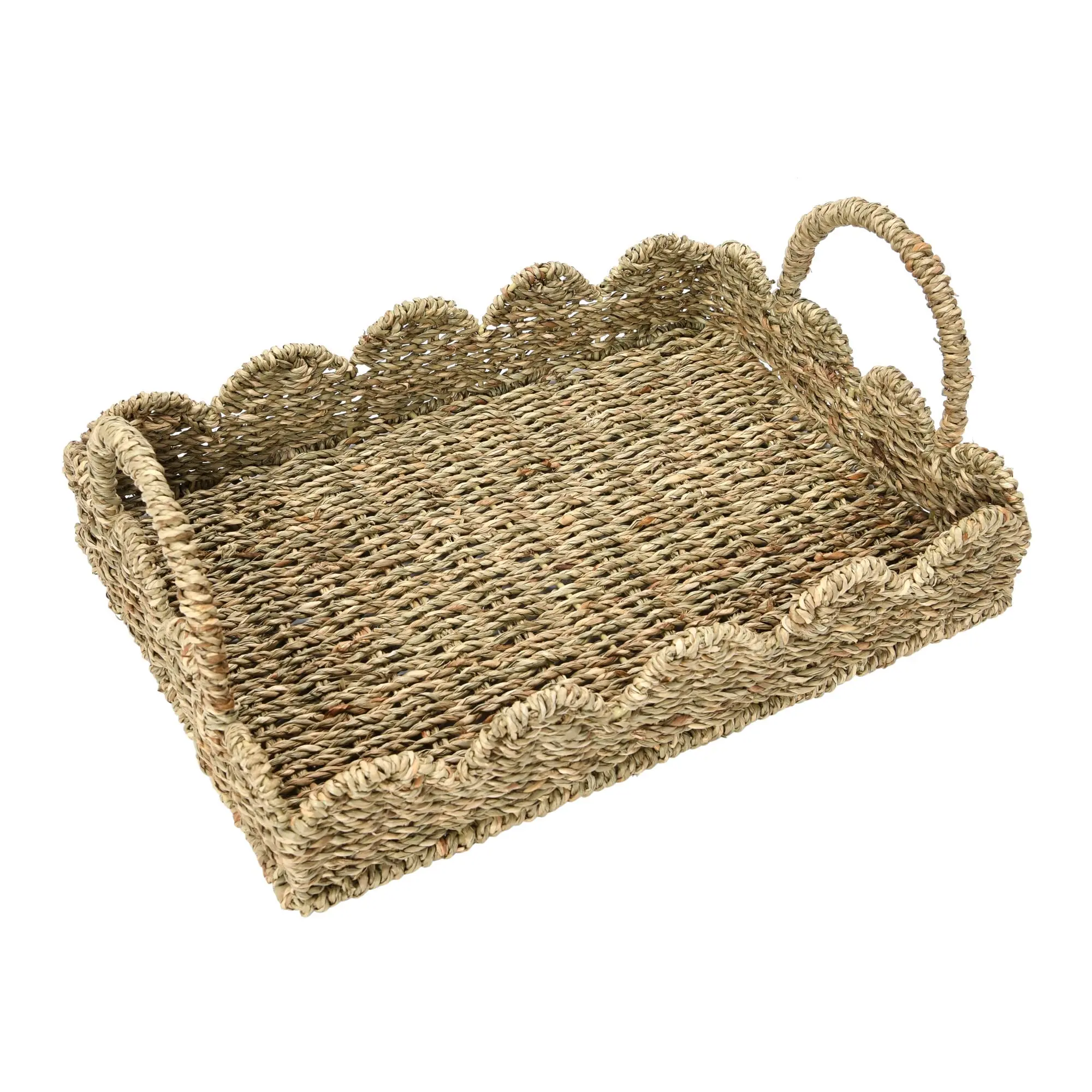 Seagrass Rectangle Serving Tray with Scalloped Edge Custom Wicker Woven Fruits Baskets Home Decoration Cofffe Table
