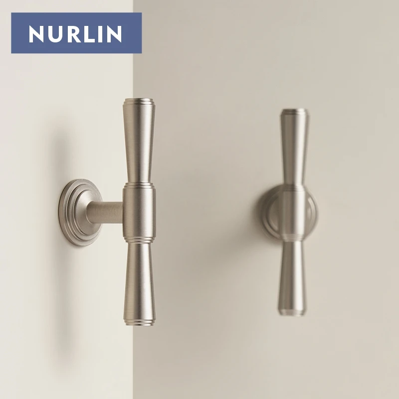 Nurlin Solid Brass Nickel Brushed Luxurious Silver French Modern Cabinet Handles Tbar Wardrobe Knobs