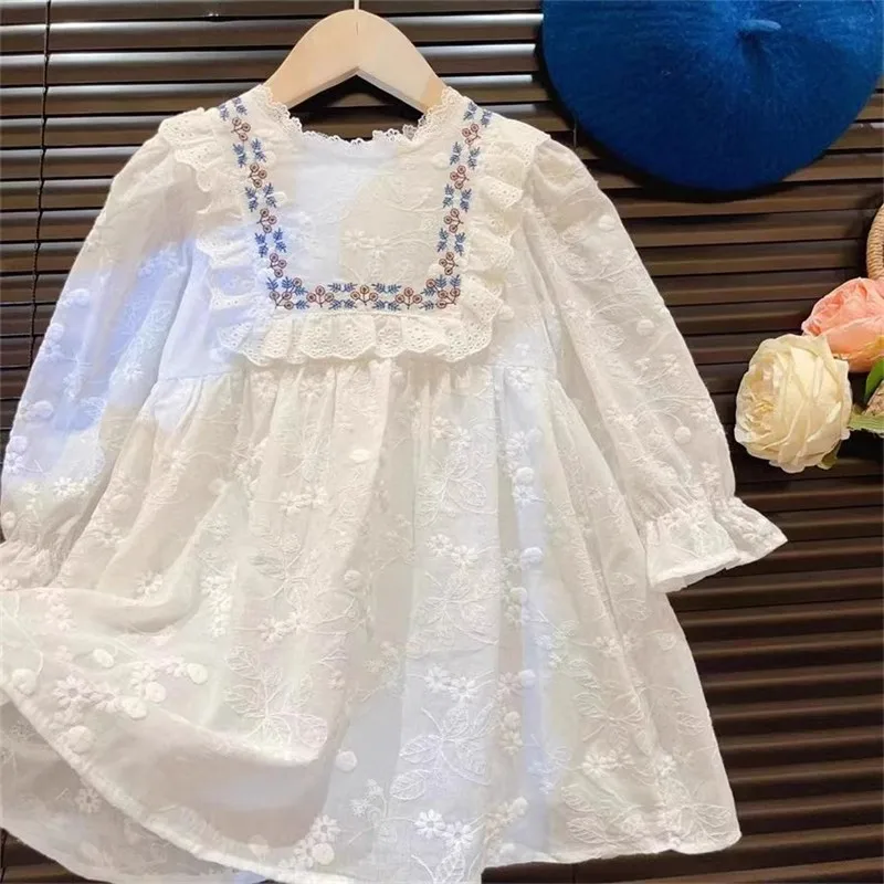 Sunny Baby 2024 Spring And Autumn Korean Style New Kids Clothing Cute Sweet Lace Embroidered Solid Color Toddler Girls Dress