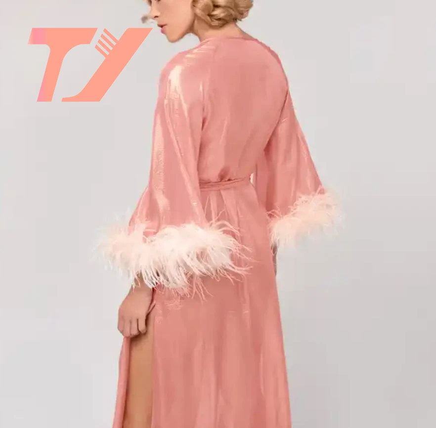 TUOYI Women Designer Long Robe Smooth Champagne Lightweight Feather Night Dresses Elegant Kimono Sleepwear