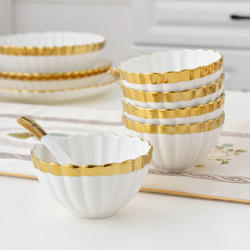 High-end Kitchen Tableware Ceramic Bowl Plates Sets Nordic White Gold Rim Ceramic Dinnerware Sets luxury Crockery Dinner Sets