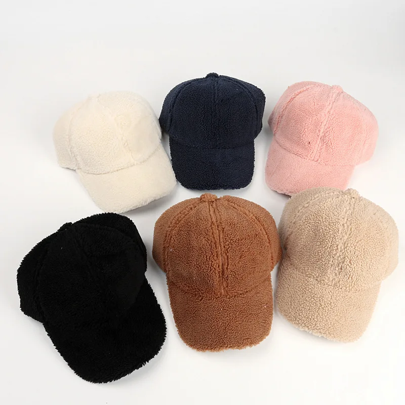 Designer custom furry winter lamb wool sports hats 6 panel baseball cap faux fur