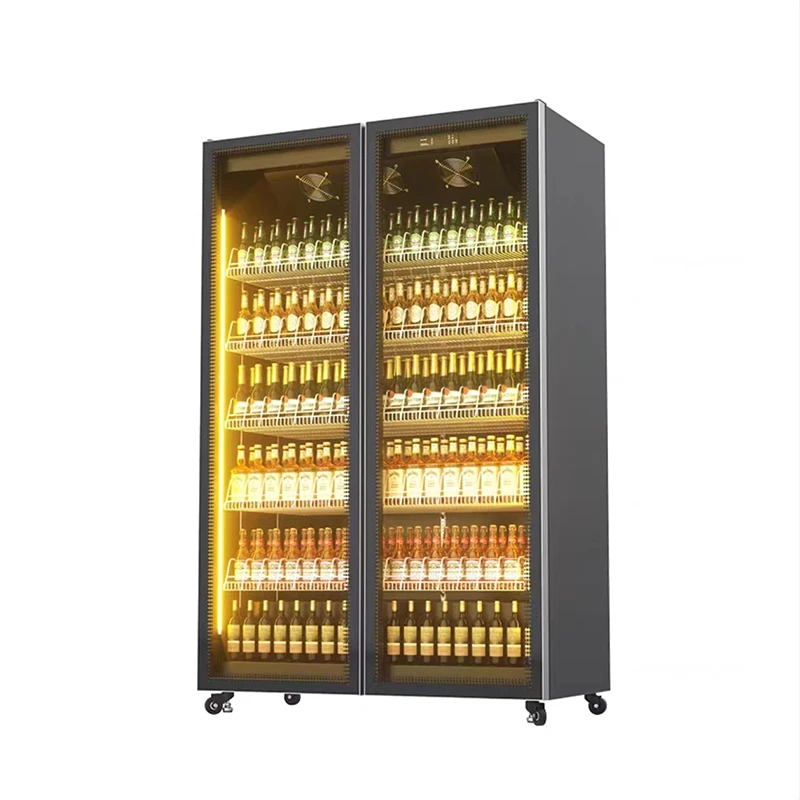 Double Door Transparent Glass Display Fridge Refrigerator Beer Cooler Freezer Upright Showcase