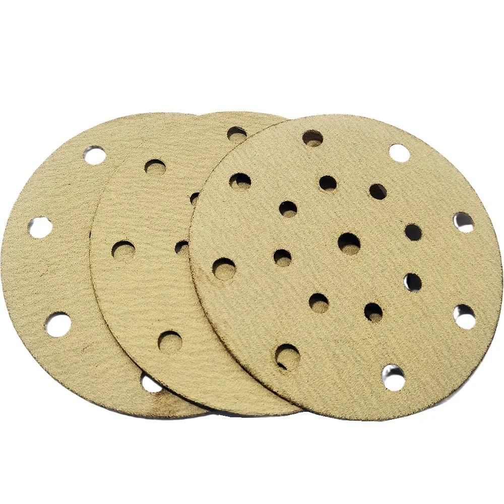 Yellow perforated sanding disc 5-inch hook ring gold sanding disc aluminum oxide dry sandpaper disc for automobile