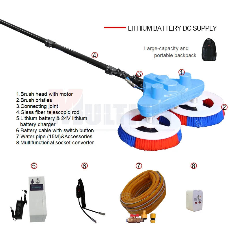 MULTIFIT Solar Panel Cleaning Brush Water Fed Pole Window Cleaning Telescopic Pole 3.5m 5.5m 7.5m Electric Brush