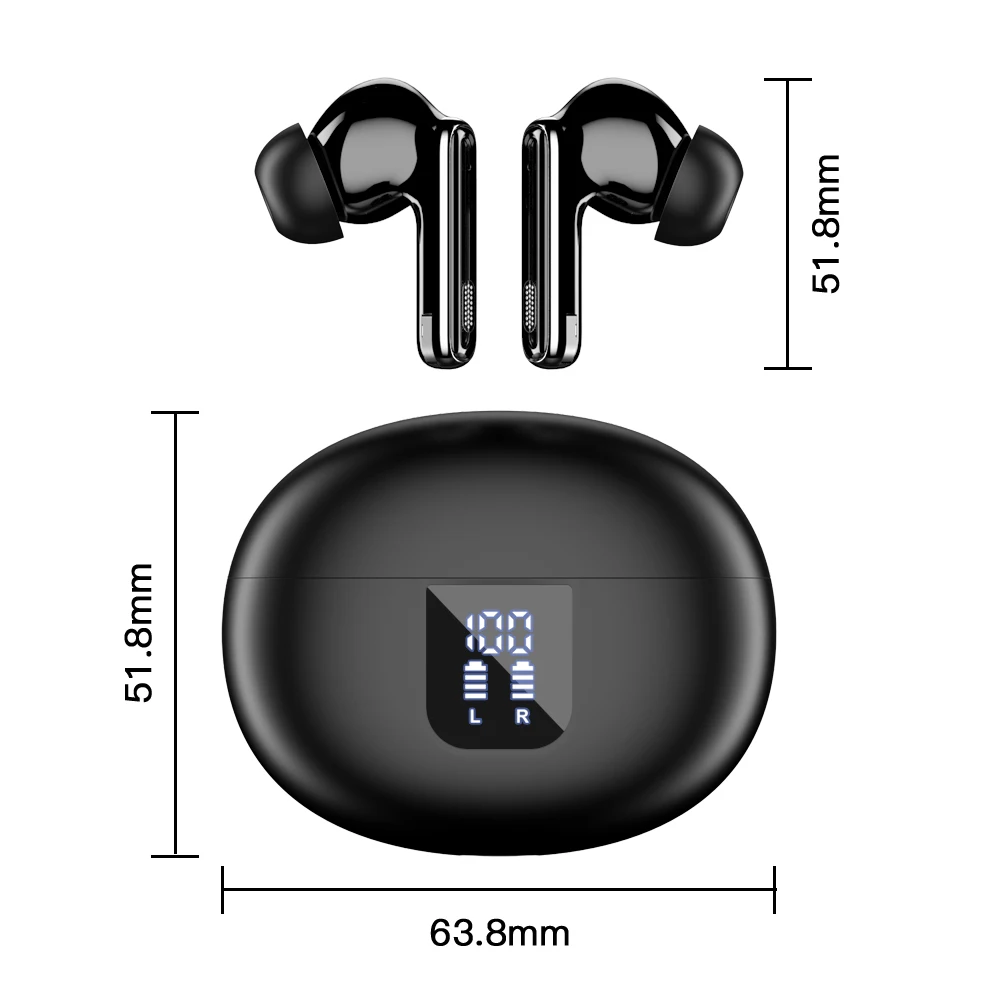 13mm Large Dynamic Wireless Earbuds with Noise Cancelling 4 HD Microphones LED Battery Indicator In-Ear Short Handle Design
