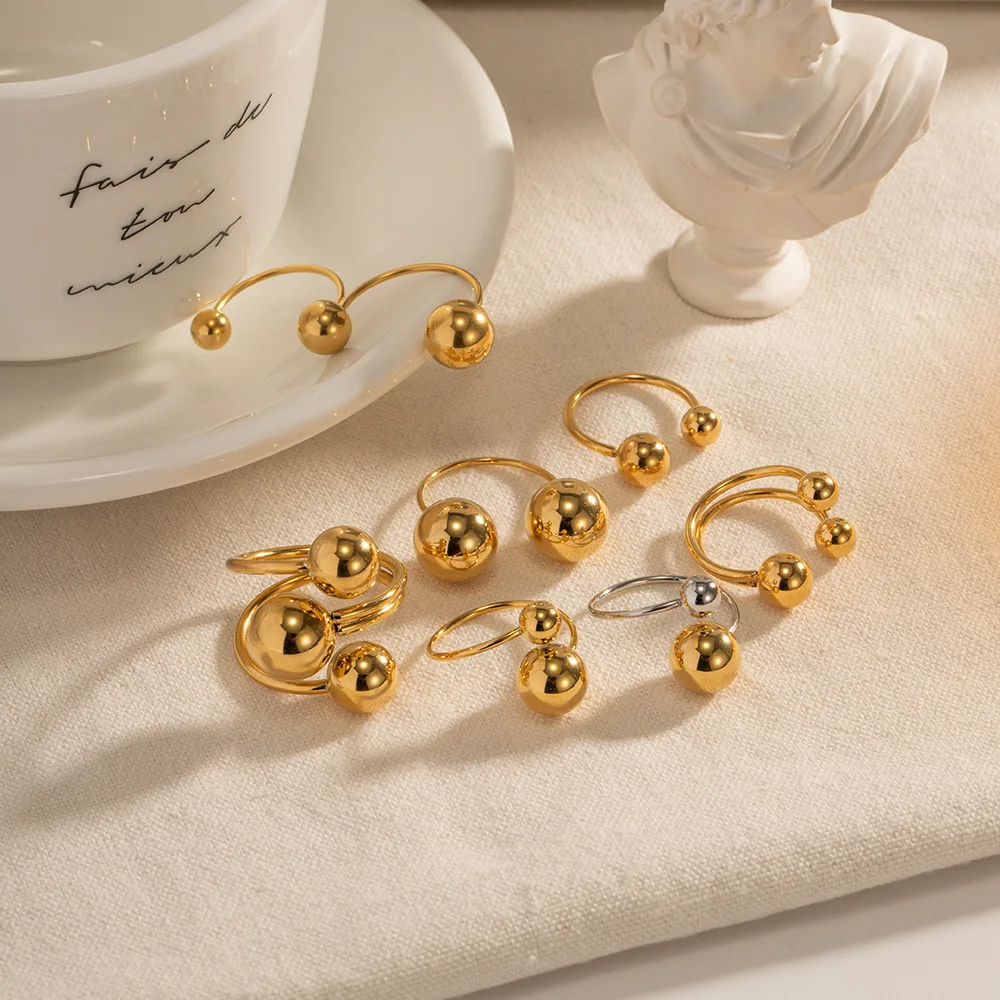 Geometric Waterproof and Tarnish Free 18K Gold Plated Stainless Steel Ball Ring Luxury Jewelry Cross Ball Open Ring for Gift