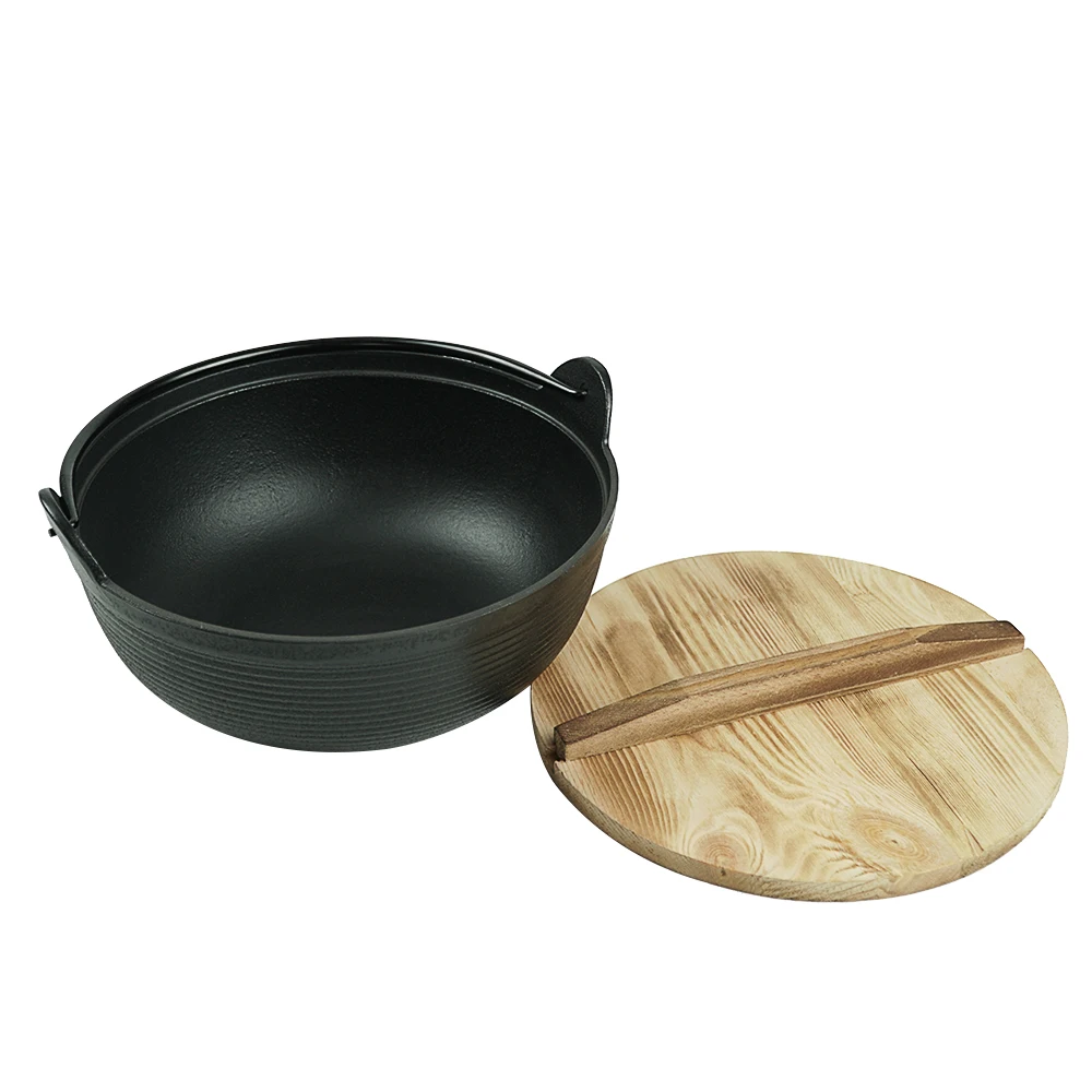 Pre-Seasoned Cast Iron Soup Pot Stew Pot Japanese Sukiyaki Pot with Wood Cover