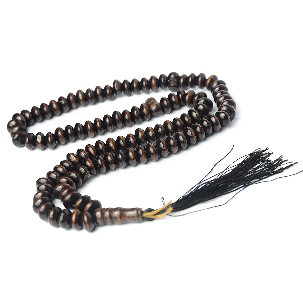 Muslim 99 Black Flat Wooden Scripture Rosary Halal Prayer Beads Lslamic Rosary Tasbeeh Tasbih Lslam