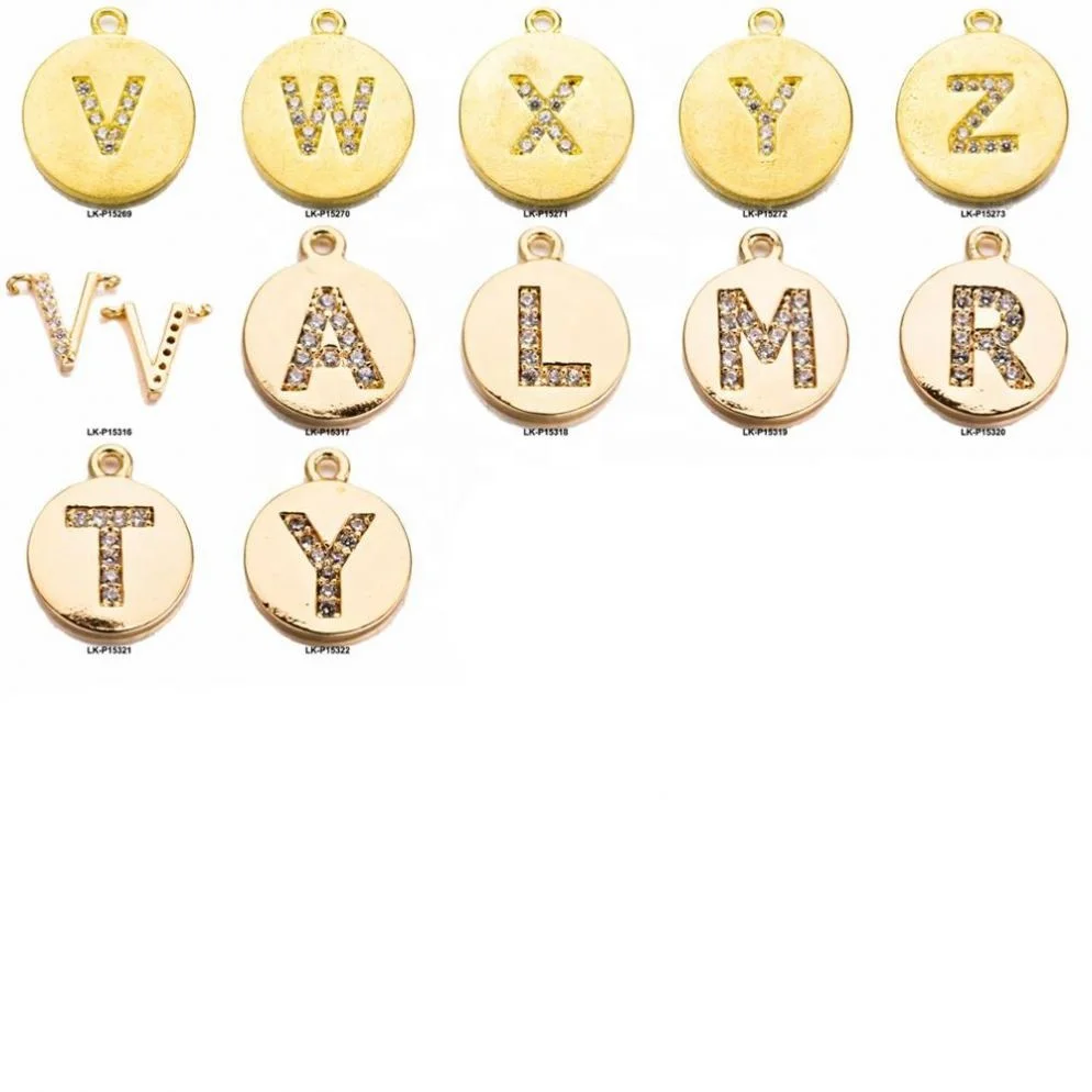 
2021 newest design round shape gold zircon jewelry charm pendant alphabet letter pendant charms with loop 