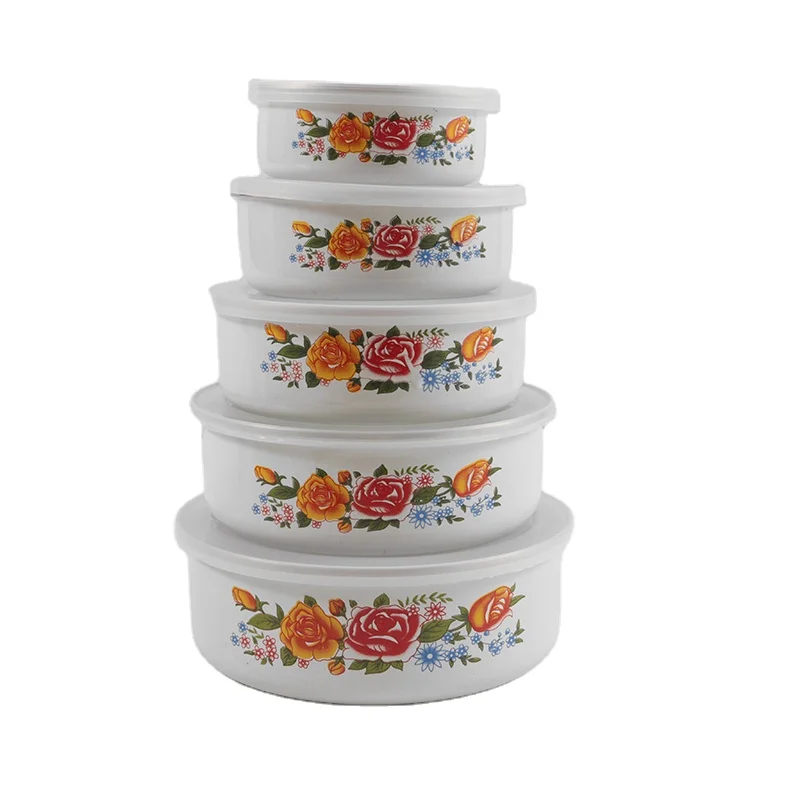 Cheap 5pcs enamel fresh bowl container enamelware storage bowl set  with plastic lid