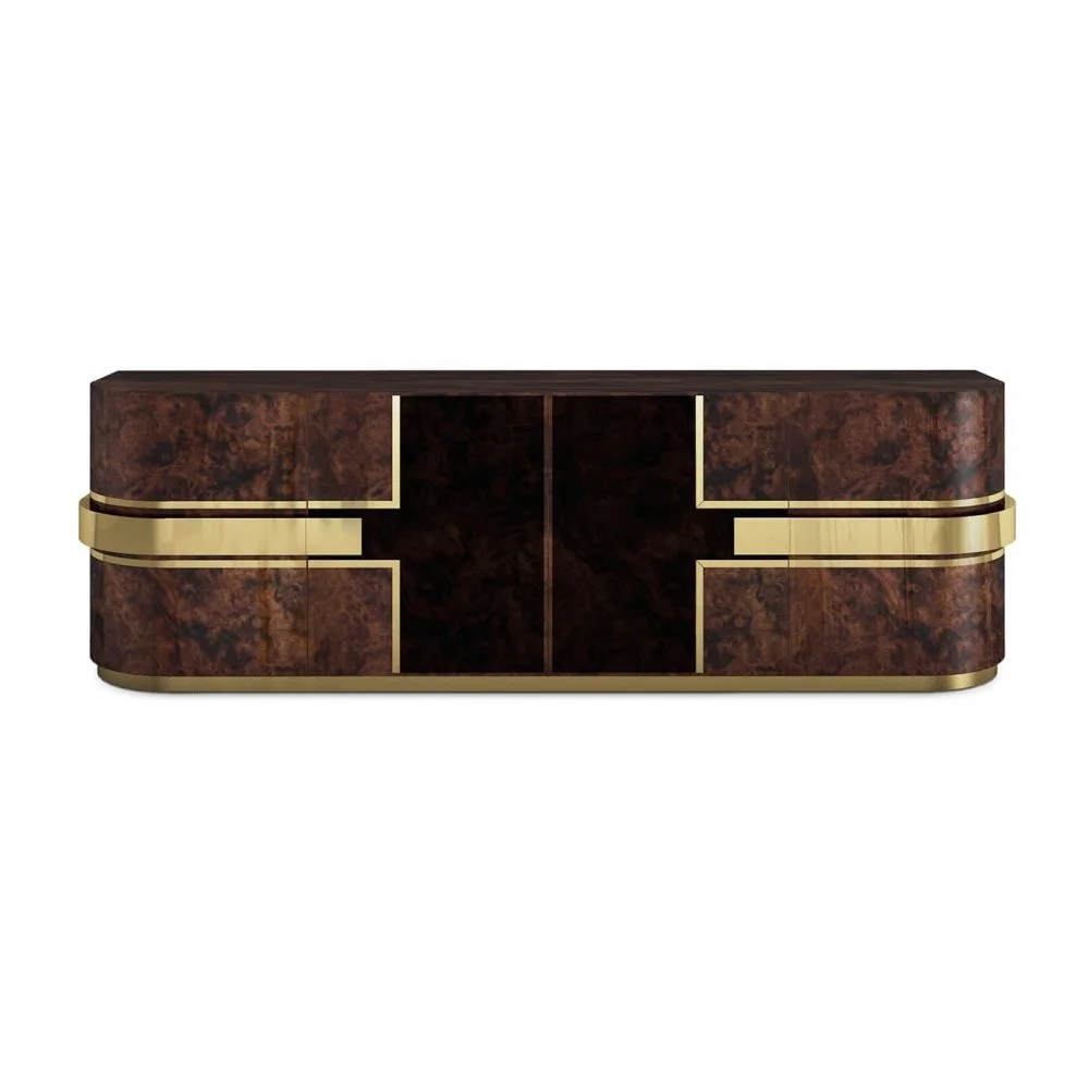 
Rounded silhouette polished gold frame walnut color cabinet 