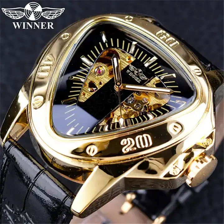 WINNER 052G 052 Brand Luxury Steampunk Fashion Golden Watch Skeleton Movement Mysterious Men Automatic Mechanical Wrist Watches