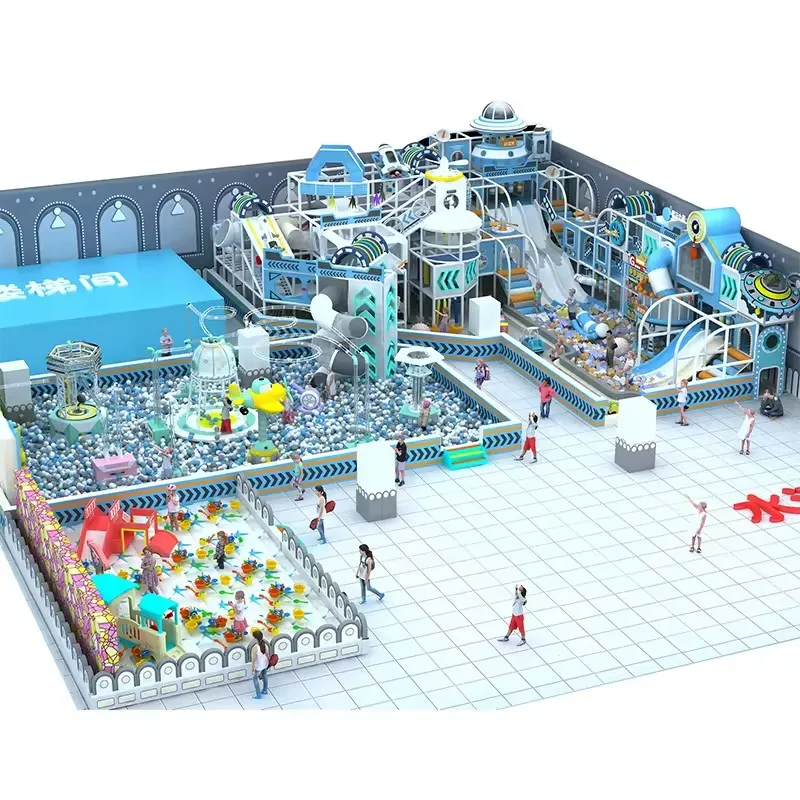 Build a large and fully decorated indoor playground game center for children and adults in the mall