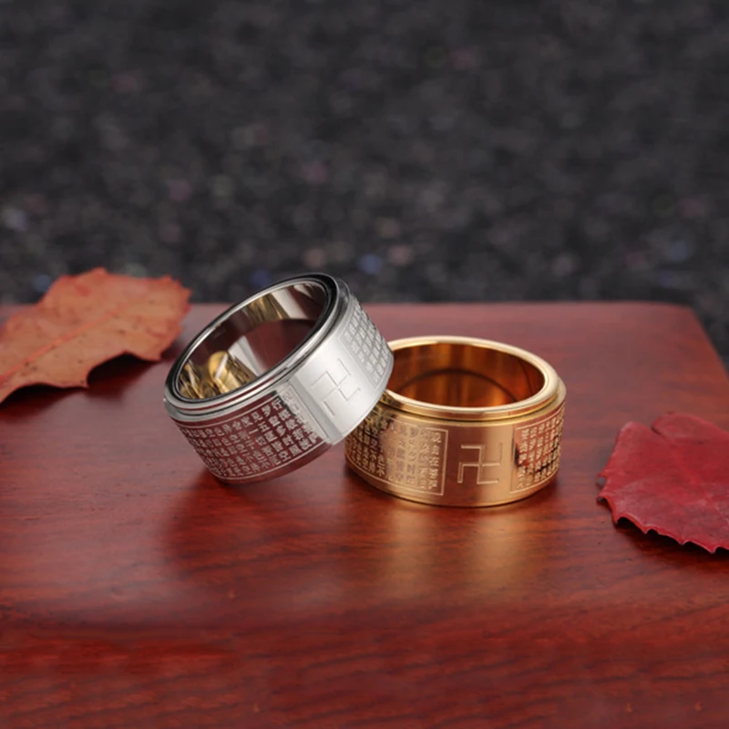 Buddhist Chinese Heart Sutra Ring  Men Stainless Steel Spinner Rotating Rings  Men Amulet Jewelry Mantra Spinner Ring